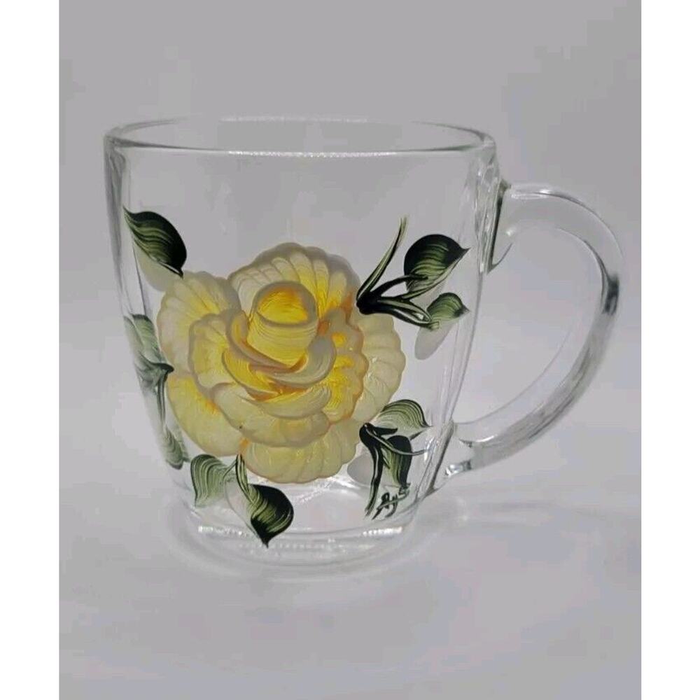 Hand-Painted Yellow Rose Floral Large Glass Coffee Tea Mug Signed